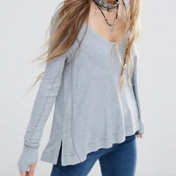 Free People We The Free Malibu Thermal Top Gray Waffle Knit Oversized Small - Picture 1 of 9